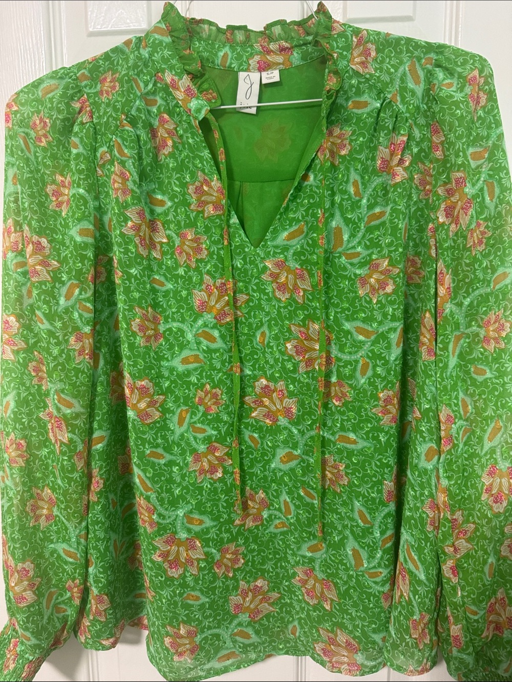 Joie Green Floral V-Neck Ruffle Blouse